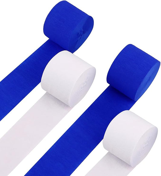 4 Rolls Crepe Paper White Royal Blue Streamers – Perfect for Streamers Party Decorations, Wedding, Birthday, Colored Decor, and DIY Craft Supplies(1.8 Inch x 82 Ft/Roll)