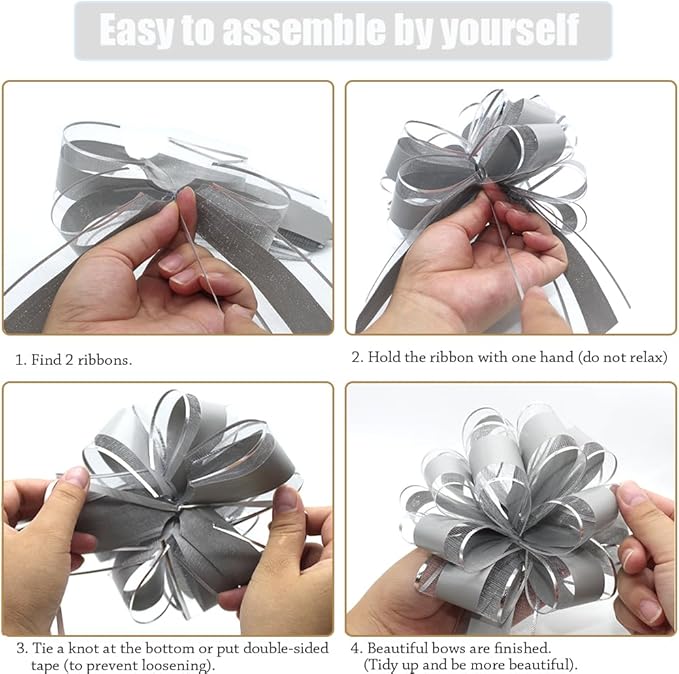 6PCS Large Gray Bows,Phnom Penh Gift Wrap Pull Bows,for Gift Basket,Gift Bag Box Packaging Decoration, Christmas,Valentine's Day,Birthday,Anniversary,Wedding,Flower Shop Packaging (Grey)