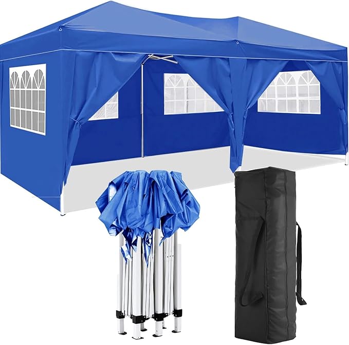 10x20 Pop Up Canopy Tents for Parties, Portable Outdoor Tent with Carry Bag & 4 Sandbags, for Wedding, Patio Events, Commercial, Birthday, Graduation (Blue, 10x20)