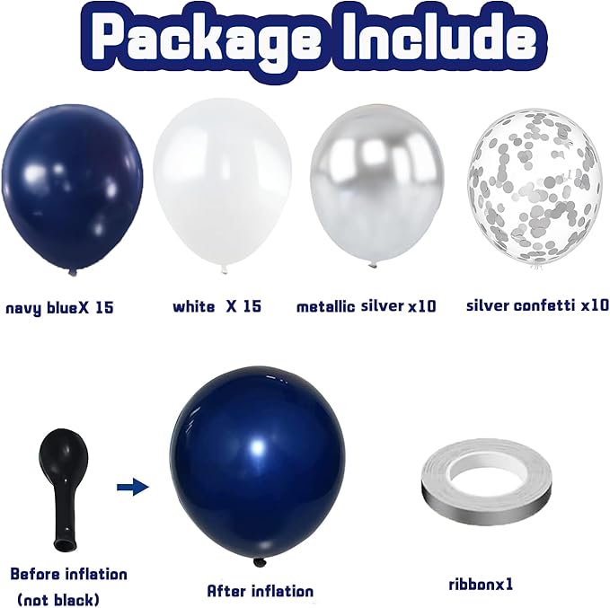 Zesliwy Navy Blue Silver Balloons Kit,50pcs 12inch Royal Dark Blue Metallic Silver White Balloon with Confetti Latex Balloon for Wedding Graduation 2026 Birthday Anniversary Party Decorations