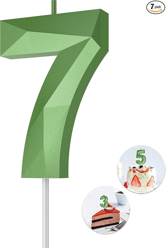 Number Birthday Candles(7 Candle Green) 3D Diamond Shape Number Happy Birthday Cake Candles for Birthday Party Wedding Decoration Reunions Theme Party