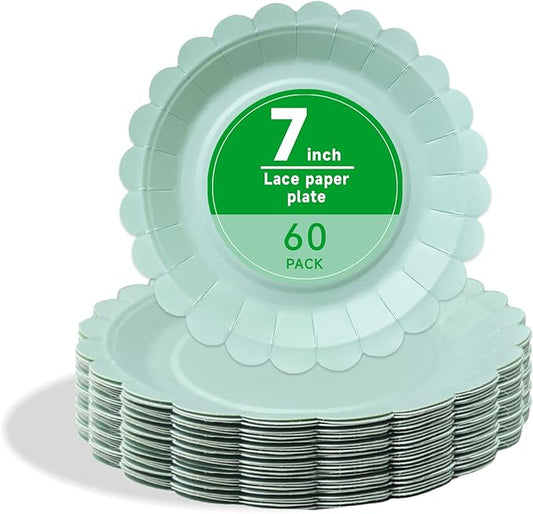 Stylish Blue Paper Plates 60 Count,Eco Compostable Plates,7" Small Paper Plates,Scalloped Dessert Plates Disposable Blue Party Plates for Birthdays Weddings Picnics,Easter or Daily Use