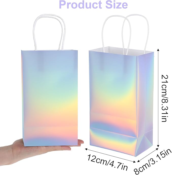 Abeillo 48 Pcs Reusable Paper Gift Bags with Handle, Iridescent Gift Bag Glossy Holographic Goodie Bag Gifts Handbag Bulk for Baby Shower Christmas Birthday Party Favor, 8.3 x 4.7 x 3.1 Inch