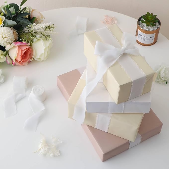 Fall Ribbon, 6 Rolls White Ribbon for Gift Wrapping, 1 1/2 inch x 7Yd Wedding Ribbons for Crafts, Wedding Decor, Bouquet Wrap, Bridal Bouquets, DIY Crafts