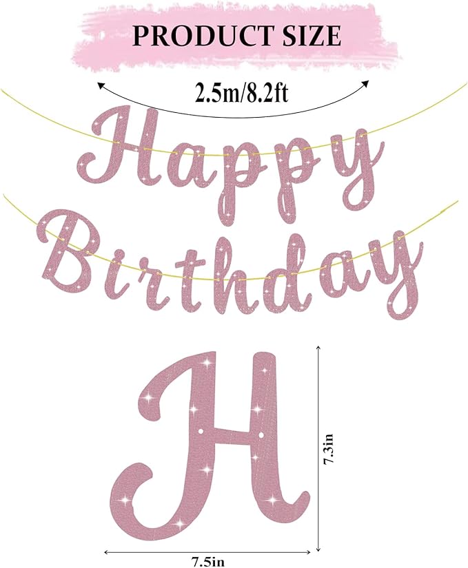 Pre-Strung Glitter Happy Birthday Banner Signs Birthday Garlands Banners Flag for Women Men Party Backdrop Decorations Pink