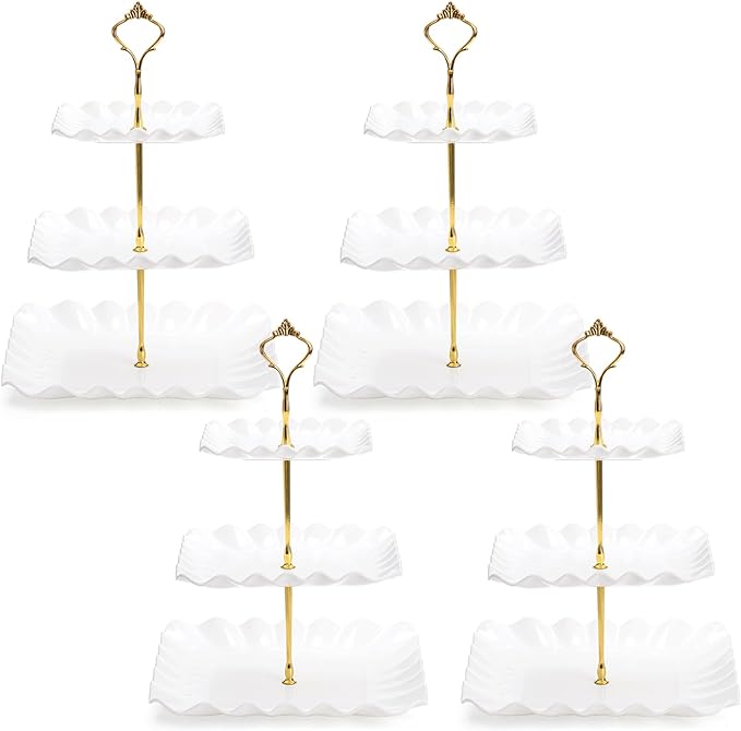 DEAYOU 4 Pack 3 Tier Plastic Cupcake Stand, White Square Dessert Tiered Serving Stand, Cake Pastry Display Tower Tray Platter Holder for Buffet, Cookie, Fruit, Table Decor, Party, Wedding, Birthday