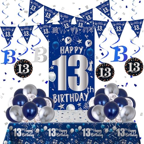 13th Birthday Decorations for Boys Girls, Blue Silver 13th Party Decor Set