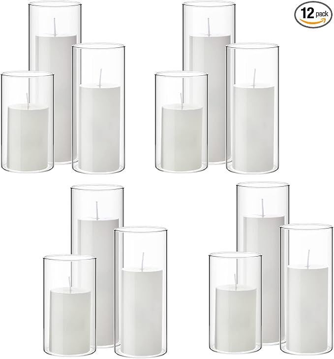 Shihanee Set of 12 Pillar Candles and Glass Cylinder Vases Clear Cylinder CandleHolders for Slim Pillar Candles Wedding Centerpieces(2.6'' X 4.7'', 5.9'', 7.9'',White)