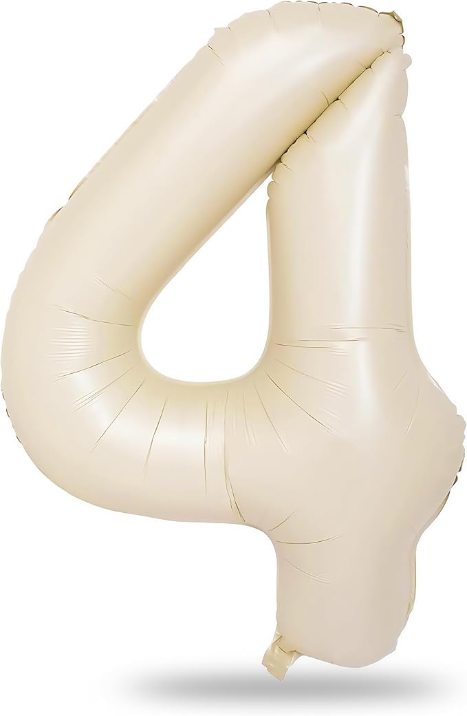 Cream 4 Balloons, 40 Inch Large Beige Foil Number Balloons Set 0-9, Self Inflating White Sand Digital 4 Helium Balloon for Boys Girls Women Birthday Anniversary Party Decorations Photo Shoot Supplies