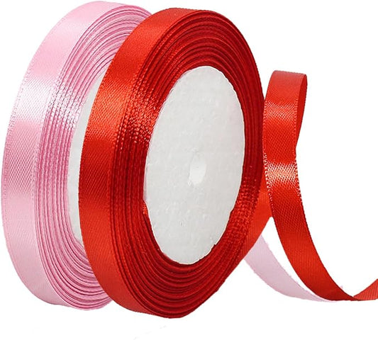 2 Rolls Red Pink Ribbon, 3/8 Inch x 50 Yards Satin Pink Red Fabric Ribbon for Flower Bouquets, Gift Wrapping, DIY Crafts, Birthday Cakes, Holiday, Wedding Party and Mother’s Day Decorations