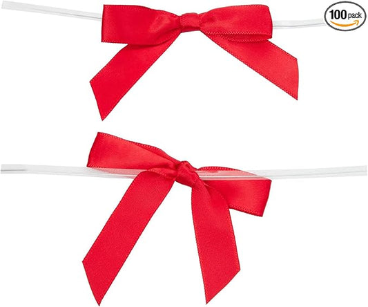 Juvale Twist Tie Gift Bows - 100 Pack, 2.5 x 3 in, Red - Pre-Tied Satin Ribbon - Mini Bows for Crafts, Gift Wrapping & Cake Decoration