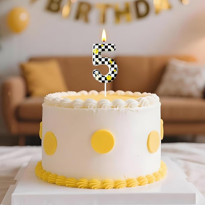 Number 5 Birthday Candle for Cake – Black White Checkered Smiley Design with Lightning & Star – Five Happy Dudes Theme Cake Topper for Birthday Party Decorations