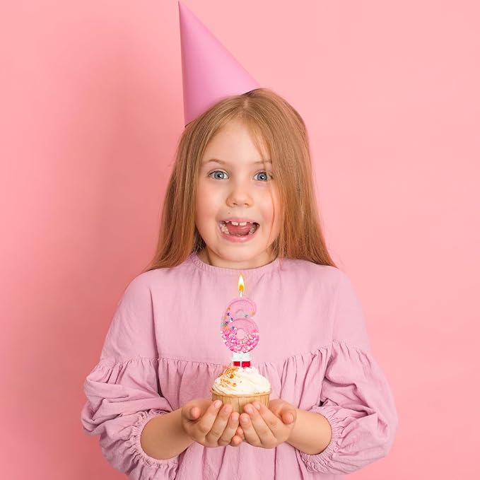 Pink Sequin Birthday Candles, Cake Number Candles, Girls 0th Birthday Decorations, Suitable for Birthday Parties, Anniversary Party Decorations(6)