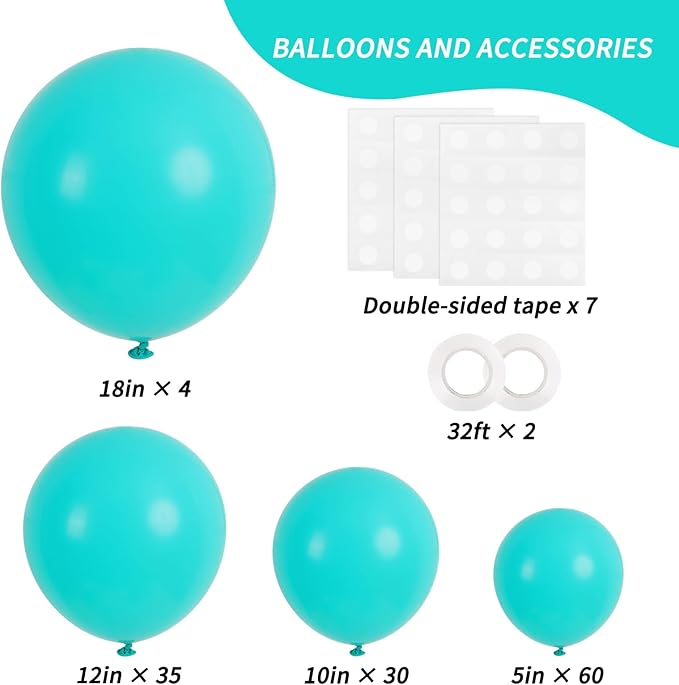 RUBFAC Teal Blue Balloons 129pcs Different Sizes 18 12 10 5 Inch, Latex Turquoise Balloon Garland Arch for Birthday Party Decoration Wedding Engagements Anniversary Baby Shower Party Supplies