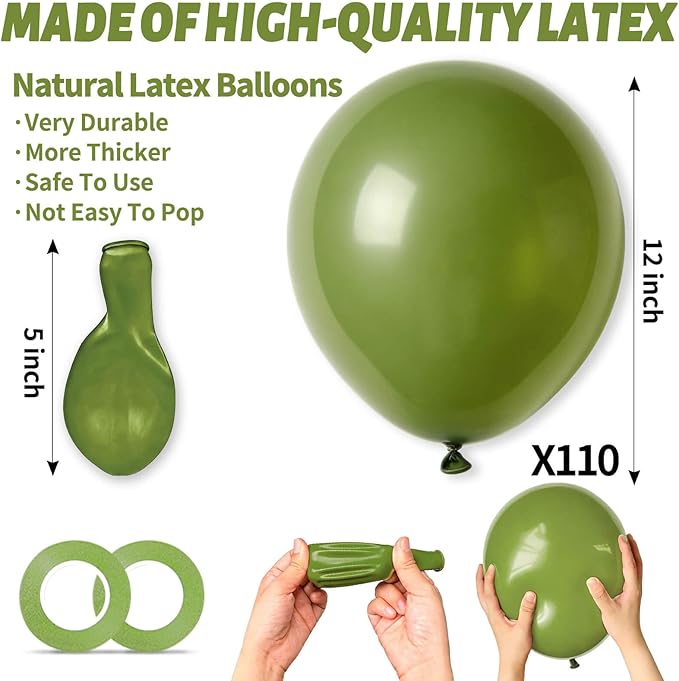 110pcs Olive Green Balloon 12 Inch, Olive Green Latex Balloons for Birthday Party Baby Shower Wedding(with 2 Ribbons).