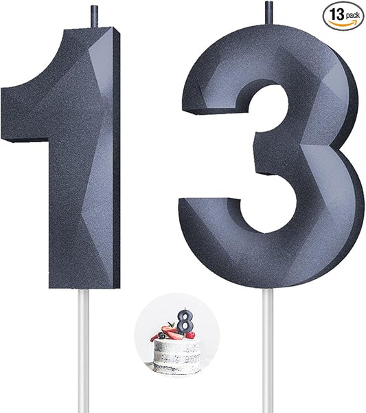 Number Birthday Candles(13 Candle Black) 3D Diamond Shape 13th Happy Birthday Cake Topper Decorations for Boy Men Birthday Wedding Anniversary Celebration Theme Party Supplies