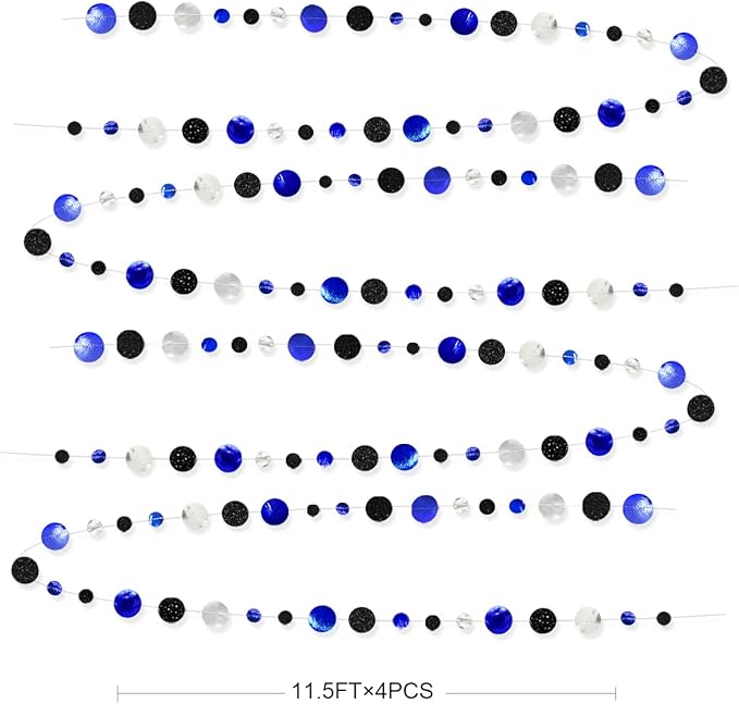46Ft Navy Blue Black Silver Circle Dots Garland Royal Blue Black Polka Dots Streamer for Birthday Graduations Wedding Bridal Baby Shower Nautical Ahoy Achor Pirate Theme Party Decorations Supplies