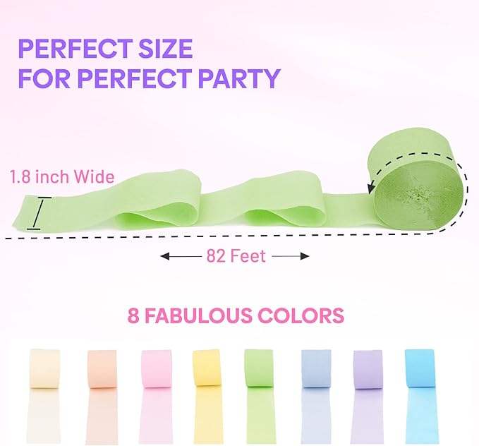 8 Pastel Streamers, 656ft Pack of Pastel Birthday Decorations, Rainbow Party Decorations, Backdrop Party Supplies for Wedding Decor (1.8 inch x 82 ft/Roll)
