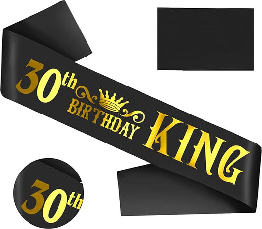 30th Birthday King Sash with Gold Foil - Soft Satin Black 30th Birthday Sash for Men 30th Fabulous Bday Party, Great for Men 30 Bday Gifts Ideas, Large Enough Size (35.4x3.74 inch)