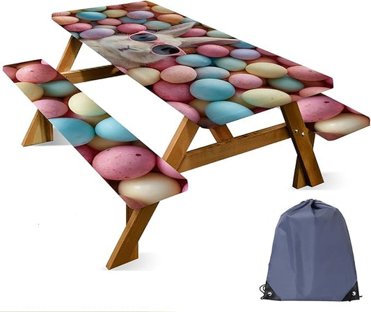 ANNA QUEEN 6FT Cute Easter Bunny Outdoor Picnic Table Cover with Bench Covers Picnic Table Cover Set 3PCS 72"x30", Cute Easter Bunny Outdoor Bench and Tablecloth Furniture Protection