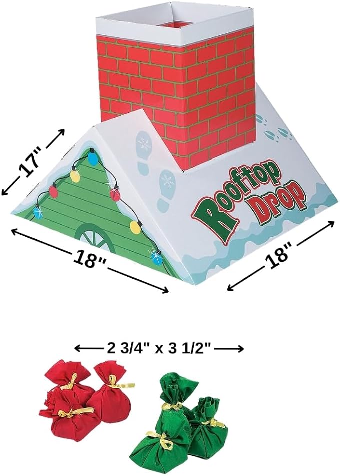 Fun Express Christmas Bean Bag Toss Game for Kids - Holiday Rooftop Chimney Drop Party Game Set with 6 Present Bags | Fun Activities for Family Games, Parties & Winter Entertainment