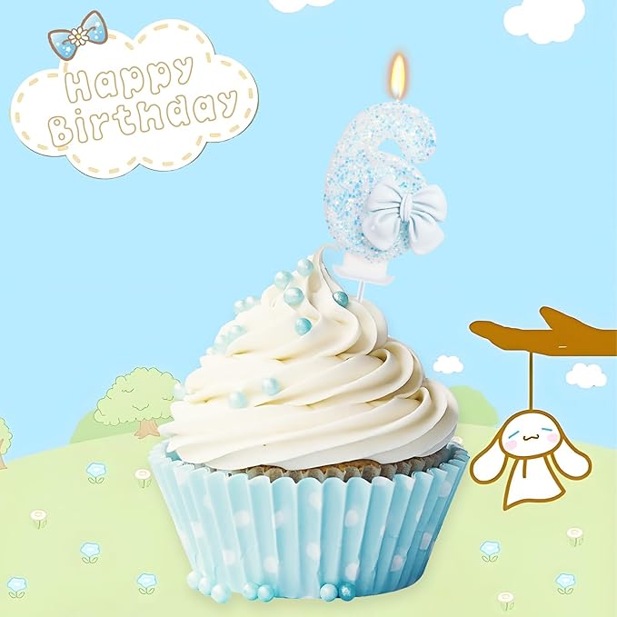 Birthday Candle for Cake, Blue Bow Number Candles, 2.76 inch Number, Cake Topper Decoration for Birthday Party (Number 6)