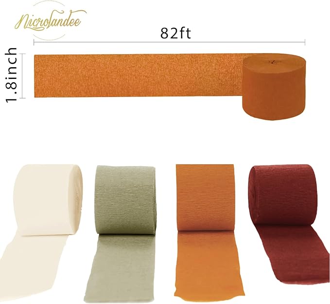 NICROLANDEE 8 Rolls Orange Burgundy Green Crepe Paper Streamers for Wedding, Birthday, Baby Shower, Bride Shower, Fall Decor, Garden Party, Woodsy Party Decorations