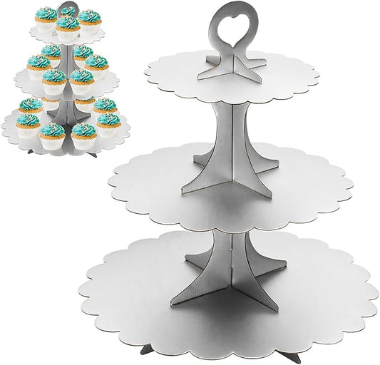 3-Tier Silver Matte Cupcake Stand 2 Pack, Cardboard Dessert Display for Weddings, Parties Events, Easy to Assemble Tiered Cake Stand