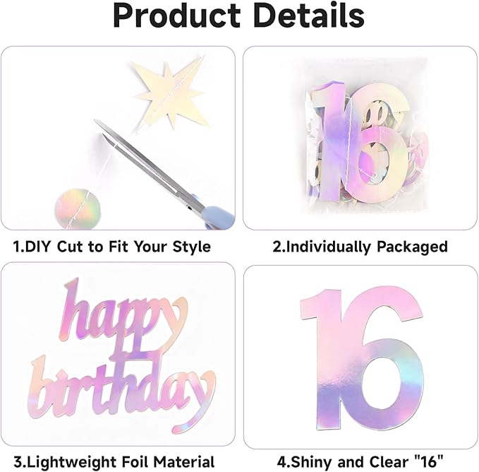 GCQQ 16 Birthday Decorations - 4 Packs Iridescent Holographic Sweet 16 Year Old Star & Circle Hanging Garlands 46FT Happy 16th Birthday Banner Streamers for Girls, Boy, Backdrop & Teen Party Décor