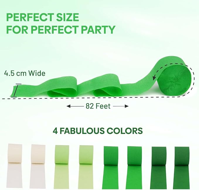 Captain Décor 8 Green Streamers with White, 656ft Pack of Green Crepe Paper Roll for Party Decorations, Party Streamers for Birthday Decorations (1.8 inch x 82 ft/Roll)