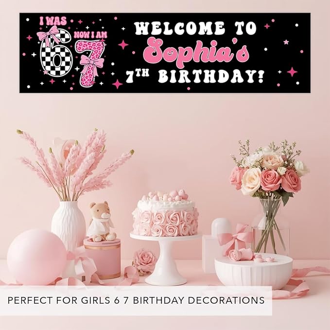 Andaz Press 13x48 Inch Custom 6 7 Birthday Banner Decorations, Personalized Birthday Banner with Custom Name, Coquette Pink Bow 67 Happy Birthday Party Banner for Girls, Home or Party Decor Backdrop