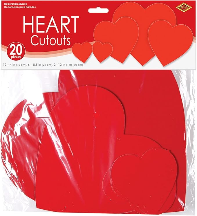 Beistle Printed Cardstock Paper Heart Cut Outs 20 Piece Valentine's Day Decorations, 4", 8.5", 12", Red