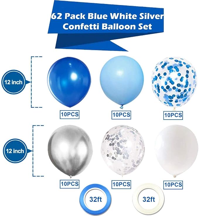 OuMuaMua 62pcs Blue Silver White Confetti Balloons Kit, 12 Inch White Royal Blue Metallic Silver Confetti Balloons for Boy Birthday Baby Shower Graduation Party Supplies