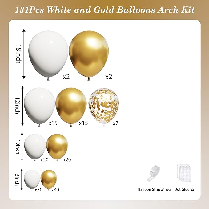 White and Gold Balloons Arch Kit, 131Pcs Gold Latex Balloons Different Size, Gold and White Balloons for Wedding, Engagements, Birthday, Bridal Shower, Anniversary