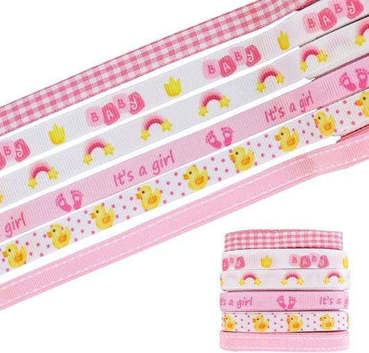 6 PCS 18 Yards 3/8" Baby Shower Ribbons Pink White Buffalo Plaid Grosgrain Ribbons It's a Girl Rainbow Feet Fabric Ribbon for DIY Baby Shower Birthday Gift Wrapping Decorations