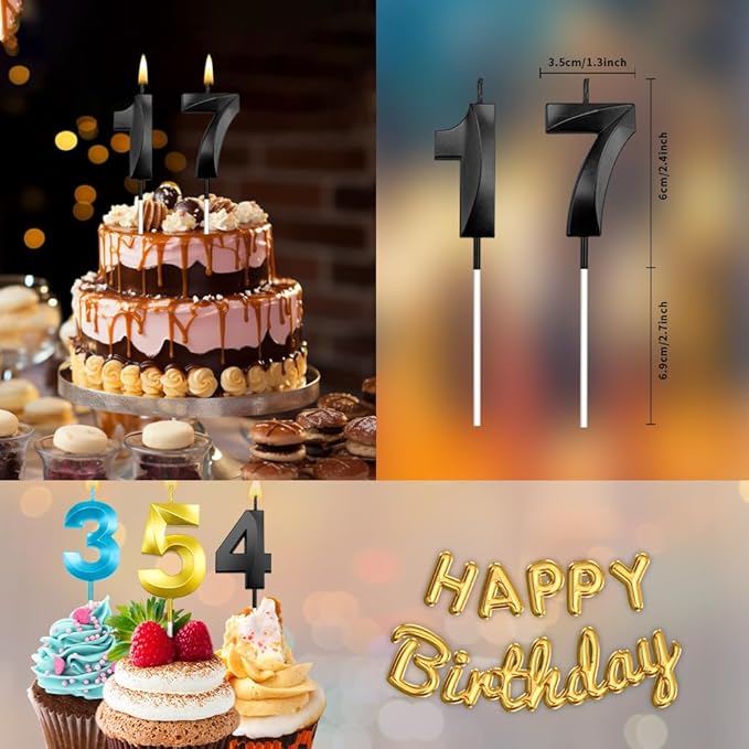 17th Birthday Candles 17 Candles for 17th Birthday Decorations for Boys Happy 17 Birthday Cake Topper Black Birthday Candles Black Number Candles Happy Decorations for Girls (17)