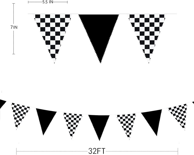 32Ft Racing Car Party Decorations Black White Checkered Race Car Triangle Banner Plaid Flag Pennant Fabric Garland Streamers for Kids Birthday Baby Shower NASCAR BBQ Bar Picnic Outdoor Decor Supplies