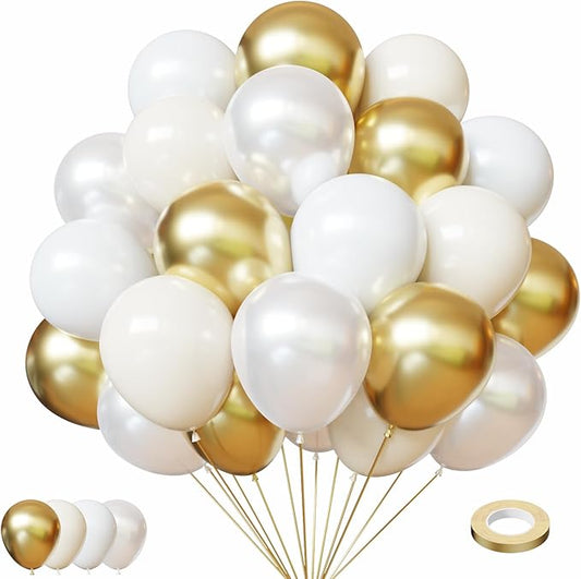 White and Gold Balloons, 50Pcs Pearl White Balloons 12 Inch Gold and White Latex Balloons for Birthday Baby Shower Engagement Wedding Anniversary