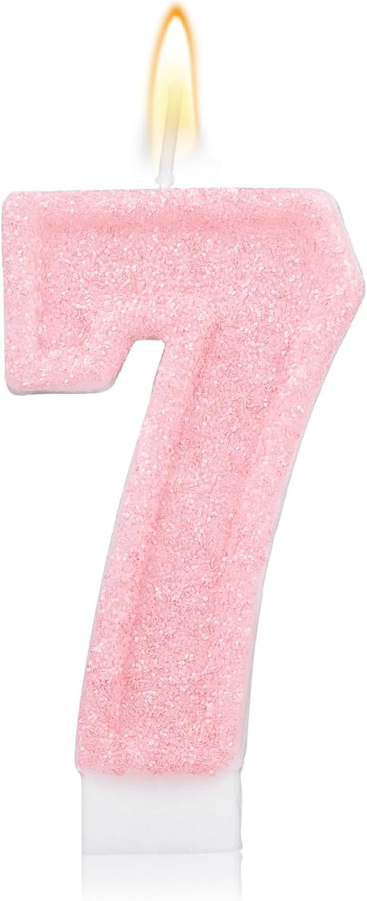 Pink Number Birthday Candles, Romantic Cake Glitter Pink Number Candles Anniversary Cake Topper Decoration Cute Birthday Party Supplies for Wedding Anniversary Celebration Supplies (7)