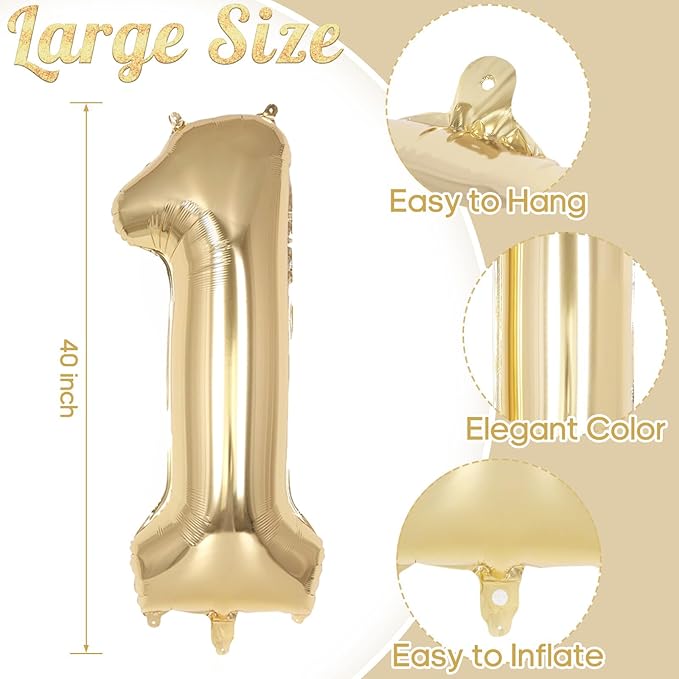 Champagne Gold Large Number 1 Balloon, 40 Inch Light Gold Foil Helium Number Balloons, Giant Mylar Number 1 Balloons for 1st Years Old Birthday Party Anniversary Decorations
