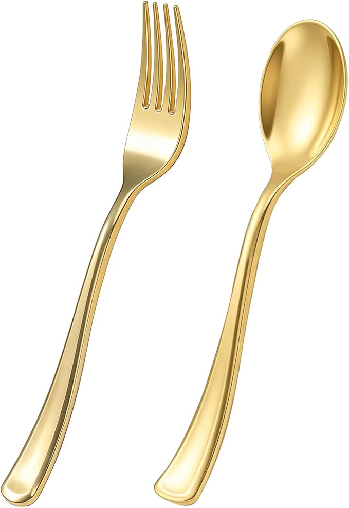 Goodluck 100 PCS Gold Plastic Silverware, Heavy Duty Plastic Cutlery Includes 50 Forks and 50 Spoons, Elegant Disposable Utensils, Durable Flatware for Parties, Weddings Catering and Dinners