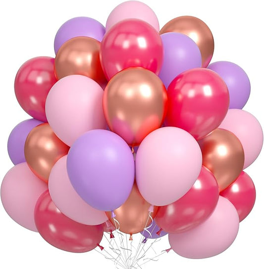 Pink and Purple Balloon Set, 60Pcs Hot Pink Lilac Lavender Balloon with Metallic Rose Gold Balloons, Purple Pinks Rose Red Latex Balloons for Girl Mermaid Butterfly Birthday Party Decorations