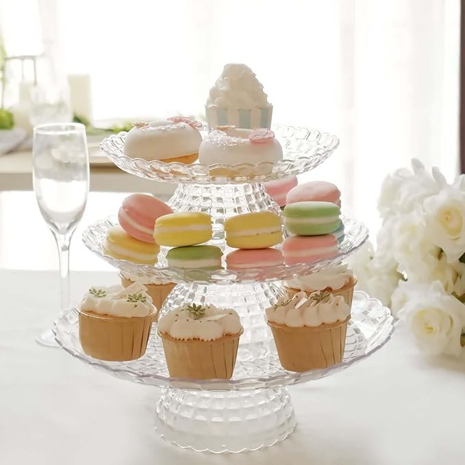 Efavormart Set of 3 | Clear Contemporary Pressed Plastic Stackable Cupcake Stands, Dessert Cake Pedestal Displays - 8", 10", 12"