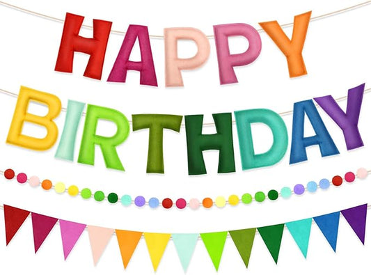 Pre-Strung Happy Birthday Banner - Rainbow Birthday Decorations, 3PCS Felt Birthday Day Sign,Ball Garland,Triangle Bunting,Reusable Colorful Banner for Party Decor Girls Boys Kids Women Men
