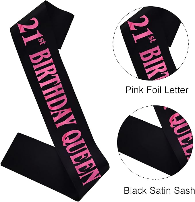 21st Birthday Queen Sash, Pink Foil Black Satin Birthday Sash for Women 21st Fabulous Birthday Party Gift Decorations Favors