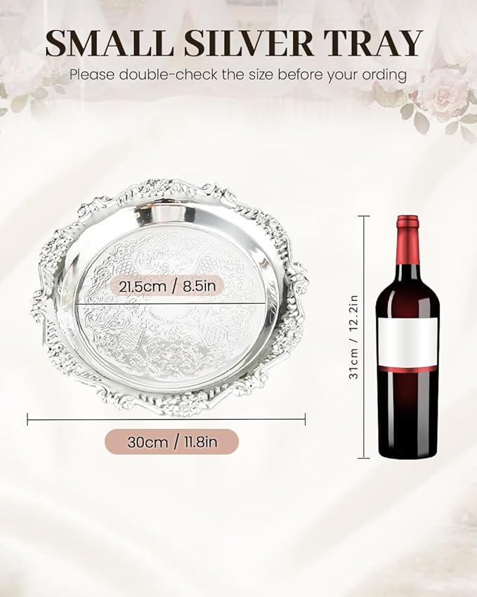 2PCS Coffee Table Tray 11.8in Round Decorative Tray Vintage Metal Dessert Plates for Snacks Fruit Silver