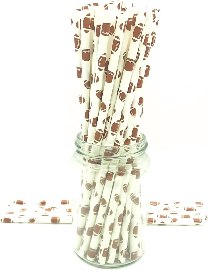 100 pcs Sports Party Paper Straws, White Brown Rugby Football Bar Soda Juice Drinking Straws, Craft Disposable Beverage Game Day Decor Biodegradable Cake Pop Sticks (White With Football)
