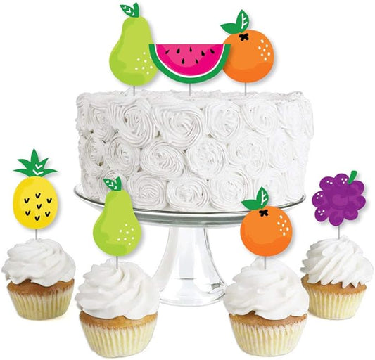 Big Dot of Happiness Tutti Fruity - Dessert Cupcake Toppers - Frutti Summer Baby Shower, Birthday Party Clear Treat Picks - Set of 24