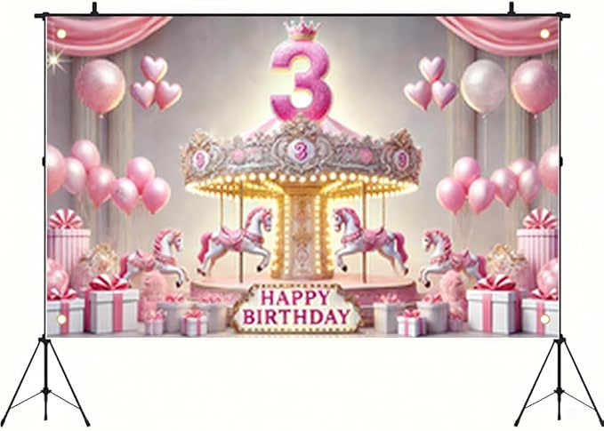 1PC 79x47 Inch Pink Carousel 3rd Birthday Party Backdrop Banner with Happy Birthday Text Balloons and Gift Boxes for Girls Birthday Celebration Indoor Outdoor Wall Door Porch Decoration