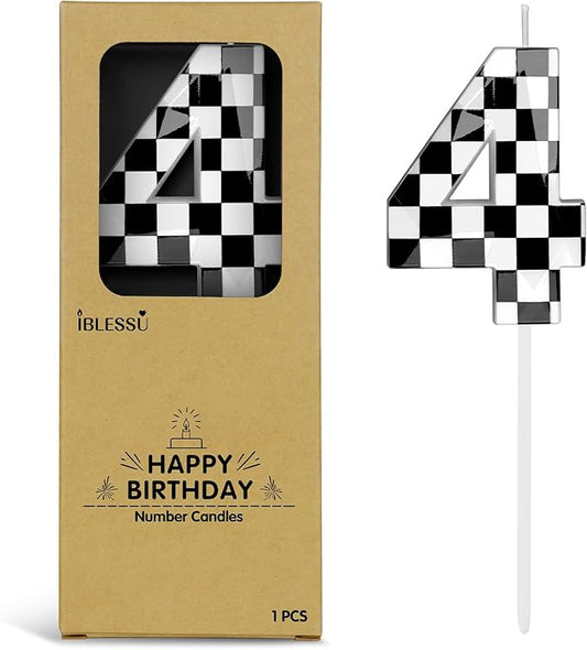 Number 4 Racing Cars Birthday Candles,2.68 Inch Black White Checkered Birthday Number Candles, Cool Racing Themed Number Candles for Boys and Girls, Kids Race Car Themed Party Decorations Supplies